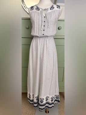 Lucky Brand Peasant-Style Polka-Dot Dress w Decorative Border & Elastic Waist(S)